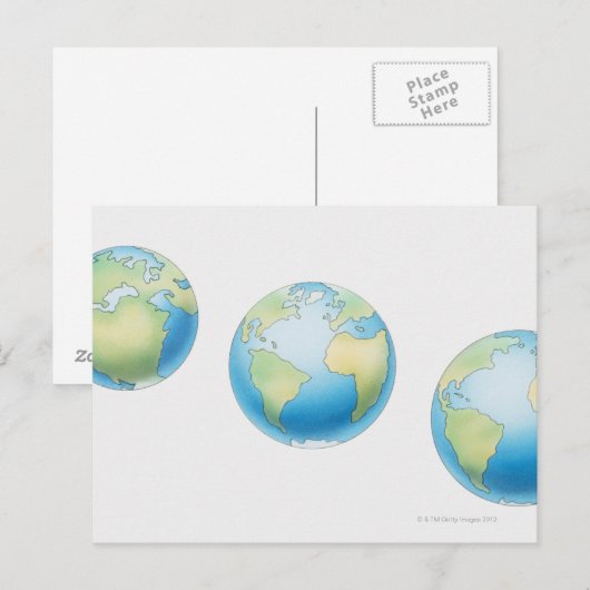 Drie Wereldbollen Briefkaart (Voorkant / Achterkant)