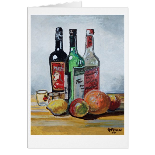 Drie wijnflessen en fruit (Voorkant)