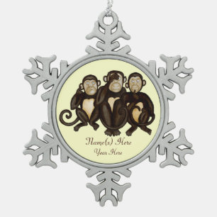 Drie Wijze Apen Tin Sneeuwvlok Ornament
