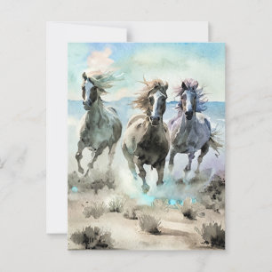 Drie wilde paarden rennen over een stoffige prairi briefkaart