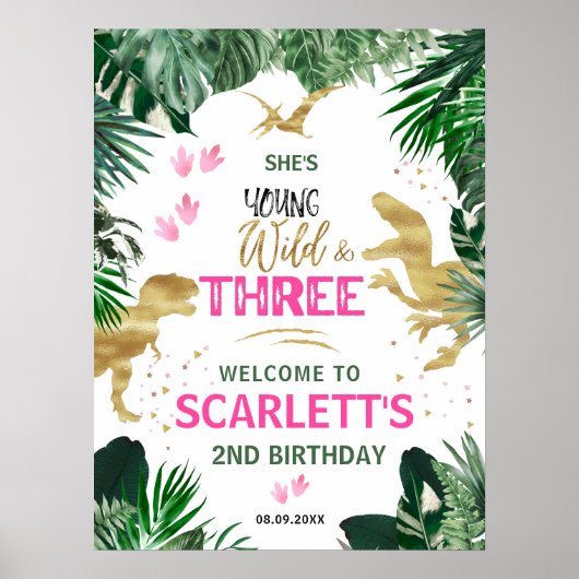 Drie Wilde Roze T-Rex 3rd Birthday Party Welkom Poster (Voorkant)