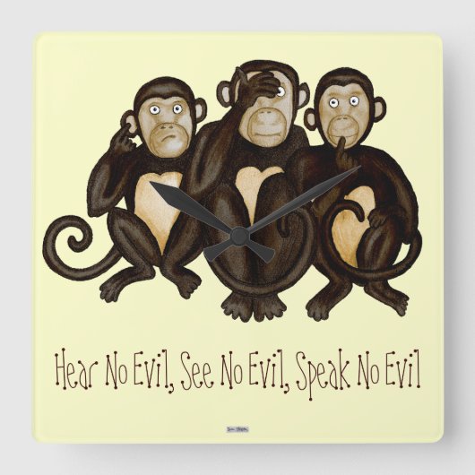 Drie Wise Monkeys Vierkante Klok (Voorkant)