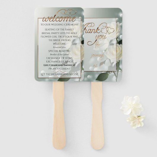 Drie witte rozen/gouden trim handwaaier (Voorkant en achterkant)