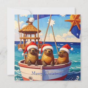 Drie zeehonden met kerstmutsen Prettig kerstfeest Feestdagenkaart
