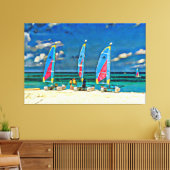 Drie zeilboten op de strand tropische strand scène canvas afdruk (Insitu (Woonkamer))