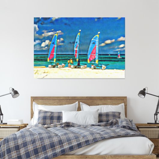 Drie zeilboten op de strand tropische strand scène canvas afdruk (Insitu (Slaapkamer))