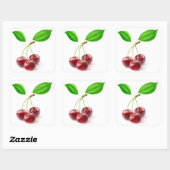 Drie zoete kersen met bladeren vierkante sticker (Vel)