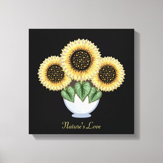 Drie Zonnebloemen met hartbladeren in een Vase Canvas Afdruk (Voorkant)
