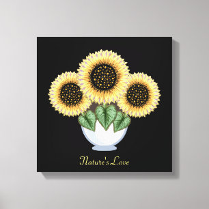 Drie zonnebloemen met hartvormige bladeren in een canvas afdruk