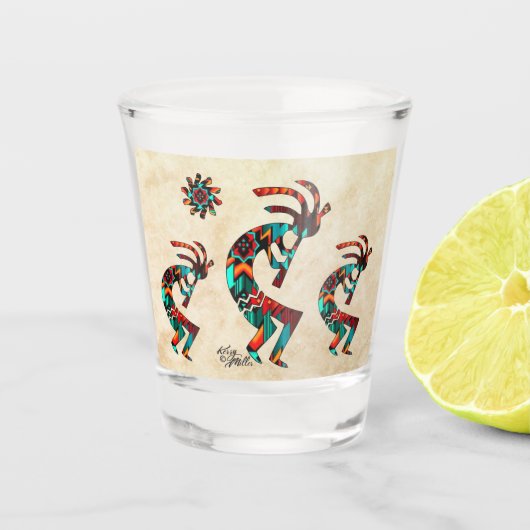 Drie Zuidwest Kokopelli en Sun Shot glass Glas (Voorkant)