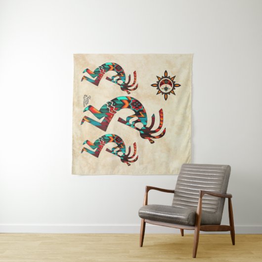 Drie Zuidwest Kokopelli Tapestry Wandkleed (In Situ (horizontaal))