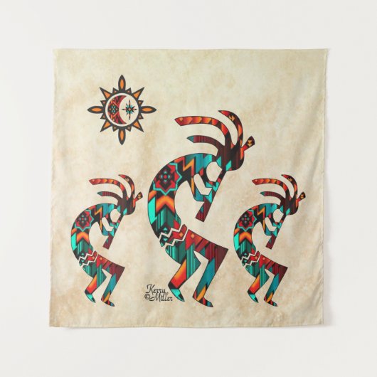 Drie Zuidwest Kokopelli Tapestry Wandkleed (Voorkant)