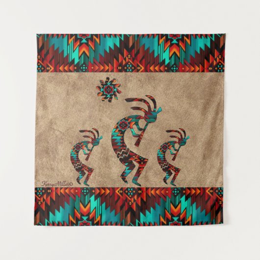 Drie Zuidwest Kokopelli Tapestry Wandkleed (Voorkant)