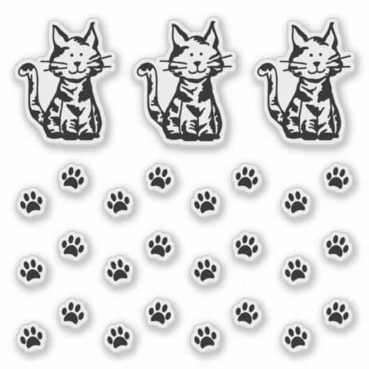 Drie zwart-wit Cats Paw Prints Sticker Set (Voorkant)