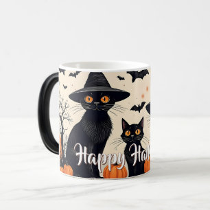 Drie zwarte katten met hoeden op Halloween Magische Mok