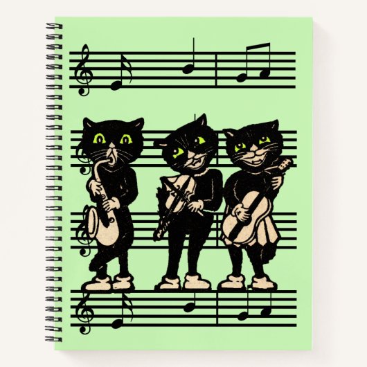 Drie zwarte kattenmusici op blad Music Green Notitieboek (Voorkant)