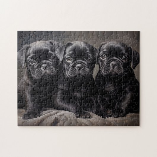 Drie zwarte Pug puppies Legpuzzel (Horizontaal)