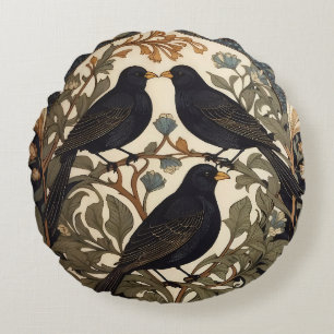 Drie zwarte vogels William Morris geïnspireerd Rond Kussen
