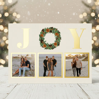 Dried Orange Joy Pine Wreath Three Photo Gold Folie Feestdagenkaart