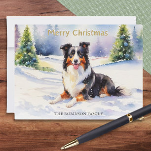 Driekleurige Border Collie-hond in de sneeuw Prett Feestdagenkaart