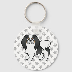 Driekleurige Japanse Chin Cartoon Hond & Pootjes Sleutelhanger