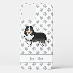 Driekleurige Shetland Sheepdog Cartoon Hond & Naam iPhone 12 Hoesje
