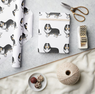 Driekleurige Shetland Sheepdog Cartoon Hond Patroo Cadeaupapier