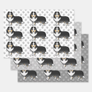 Driekleurige Shetland Sheepdog Cartoon Hond Patroo Inpakpapier Vel
