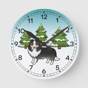 Driekleurige Shetland Sheepdog In Een Winterbos Ronde Klok
