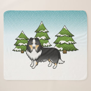 Driekleurige Shetland Sheepdog In Een Winterbos Sherpa Deken