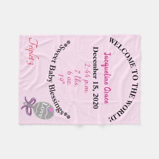 Drieling Baby Meisje Roze Rattle Fleece Deken (Voorkant (Horizontaal))