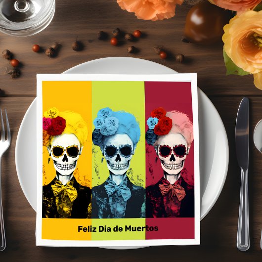 Drieluik van Dia de Muertos Calavera Catrina Servet