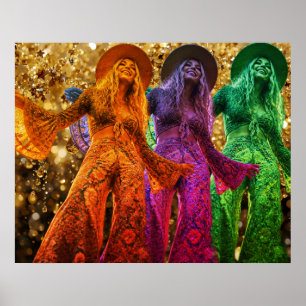 Drietal dames in disco dansen in Bell Bottom-outfi Poster