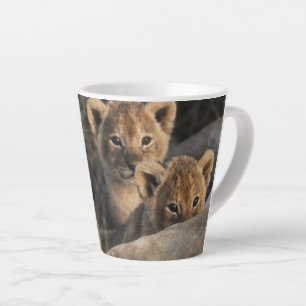 Drietal leeuwenwelpen met moeder latte mok