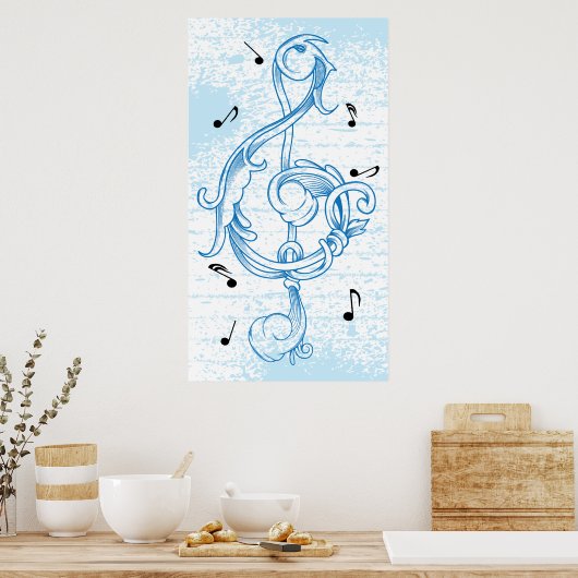 drievoudig kloon Blauw scrollwork sol note key pos Poster (Keuken)