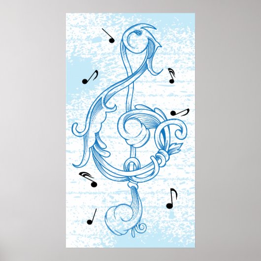 drievoudig kloon Blauw scrollwork sol note key pos Poster (Voorkant)