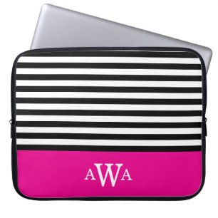 Drievoudig Monogram Fuchsia Black Witte Stripes Laptop Sleeve