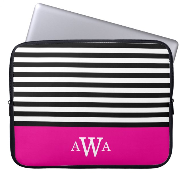 Drievoudig Monogram Fuchsia Black Witte Stripes Laptop Sleeve (Voorkant)