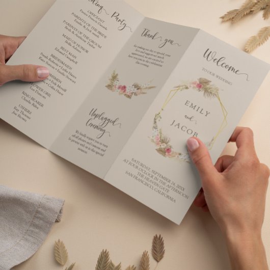 Drievoudige boho bloemenbruiloft programma Flyer