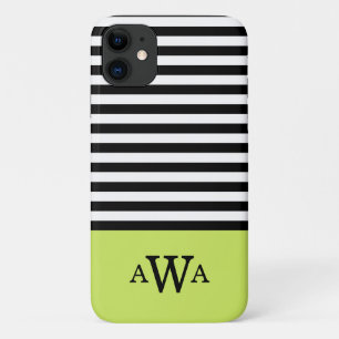 Drievoudige Letter Monogram Groen Zwart Witte Stri iPhone 11 Hoesje