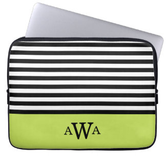 Drievoudige Letter Monogram Groen Zwart Witte Stri Laptop Sleeve