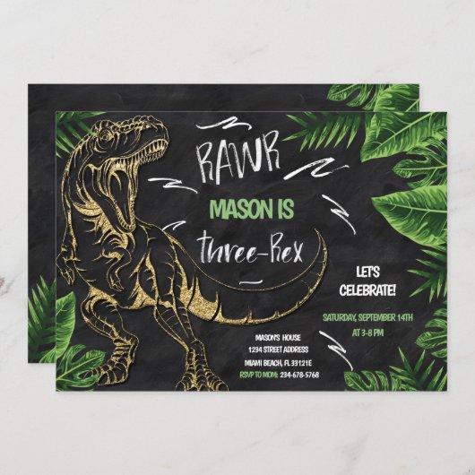 Drievoudige uitnodiging van Dinosaur Birthday (Voorkant / Achterkant)