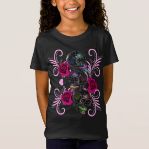 Drievoudige zwarte dag van de dode schedels roze r t-shirt