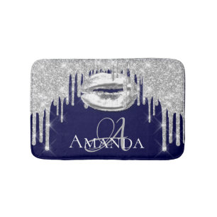 Drift Zilvergrijze lips Glitter Name Monogram Navy Badmat
