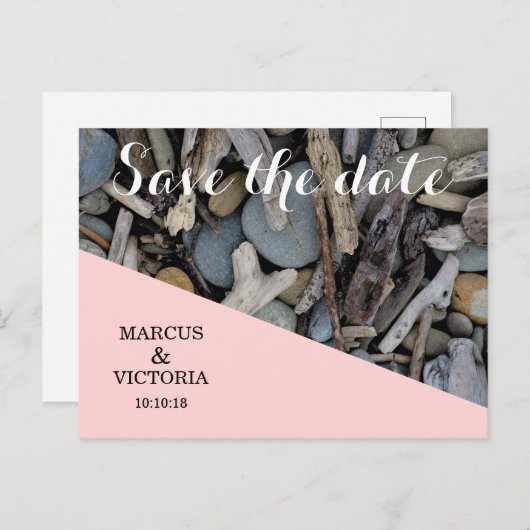 Driftwood strand bruiloft Save the date Aankondigingskaart (Voorkant / Achterkant)