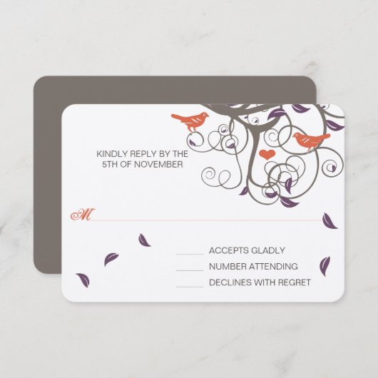 Driftwood Tree Swirl Tortelduifjes Weddenschap RSV RSVP Kaartje (Voorkant / Achterkant)