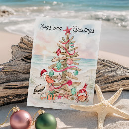 Drijfhout Boom Zeeën & Groeten Kust Kerstmis Feestdagenkaart
