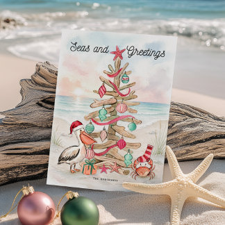 Drijfhout Boom Zeeën & Groeten Kust Kerstmis Feestdagenkaart