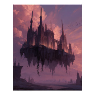 Drijvend gotisch kasteel in roze schemering perfect poster