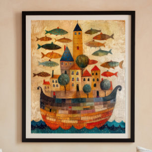 Drijvend kasteel op een schip Folk Art Poster